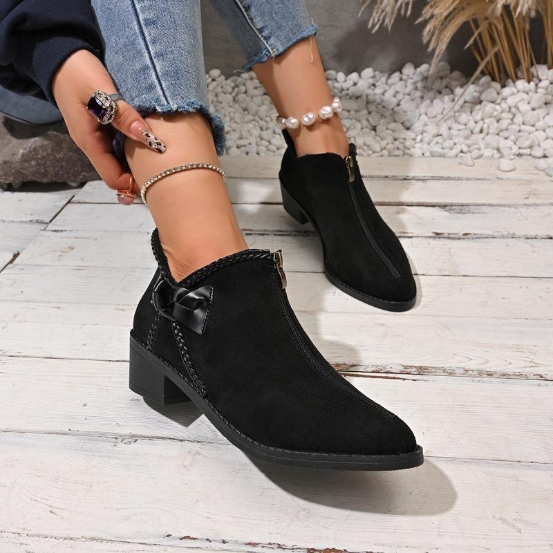 Fashion New Winter Chunky Cotton Boots Women's Pointed Suede Butterfly Knot Side Zipper Soft-soled Non-slip Ankle Boots