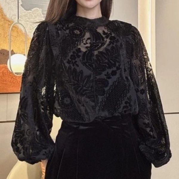 Lace Flocked Top for Women Spring Autumn Fishnet Sculptural Long Sleeve Shirt Front and Back