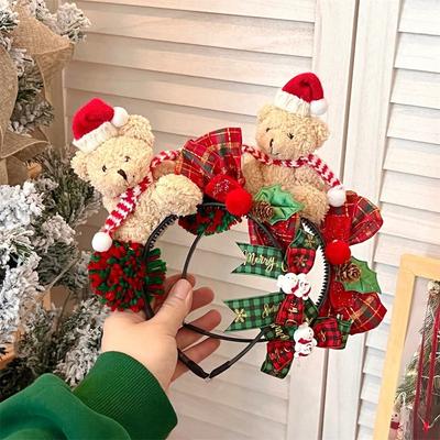 Sött tecknat julhårband fluffig plyschbjörn barn huvudbonad hårklämma mjuk rosett håraccessoarer julklappar