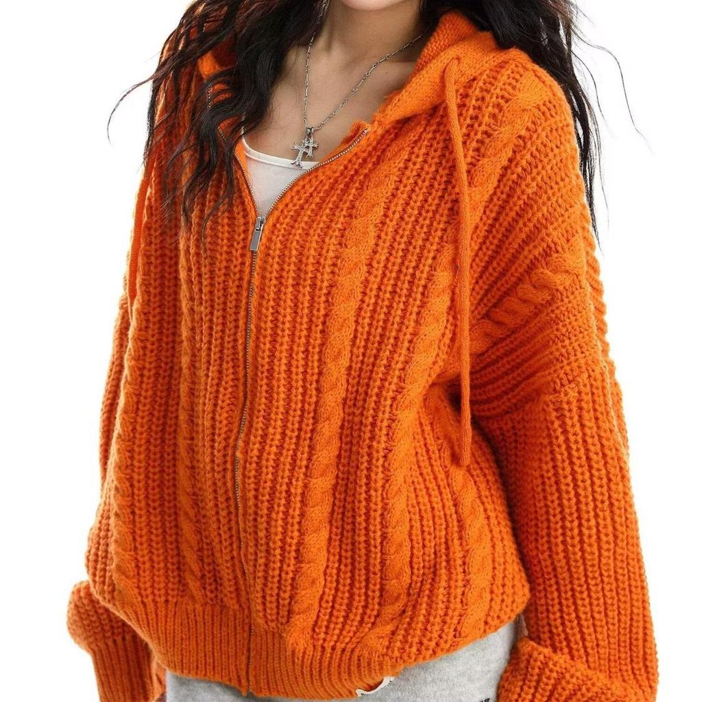 American Casual Cable Knit Hooded Sweater for Women - 2025 Spring/Autumn Trendy Loose Fit Jacket