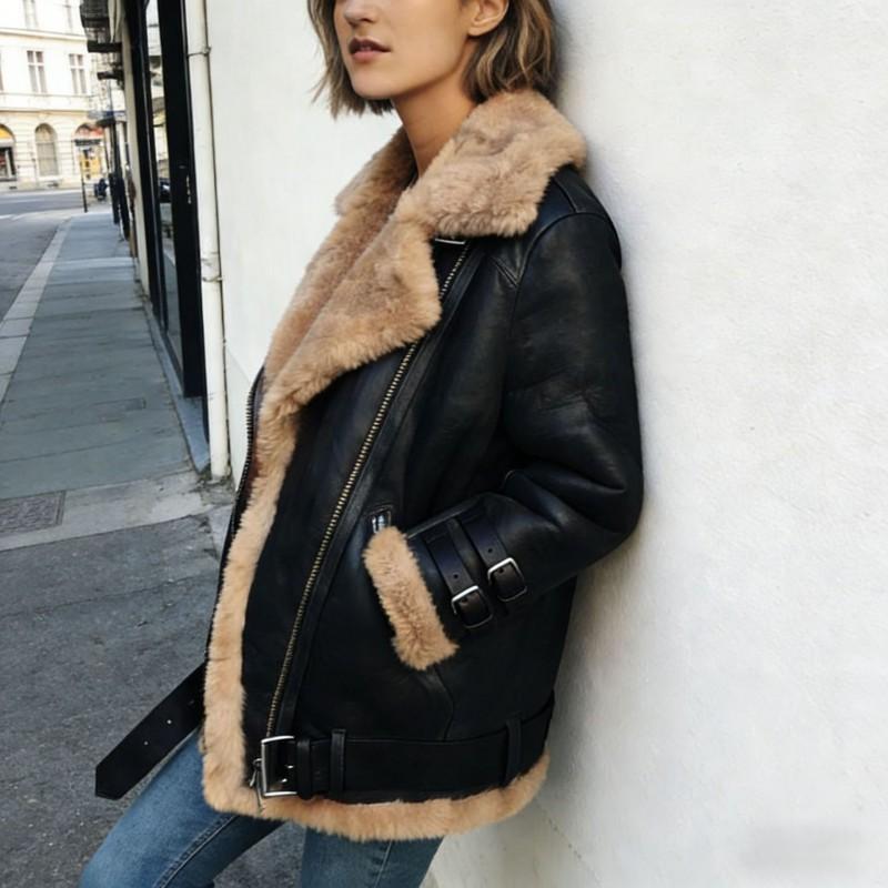 Womens Faux Leather Jacket With Sherpa Collar Oversized Streetwear Coat Long Sleeve Zip-Up Winter Outerwear