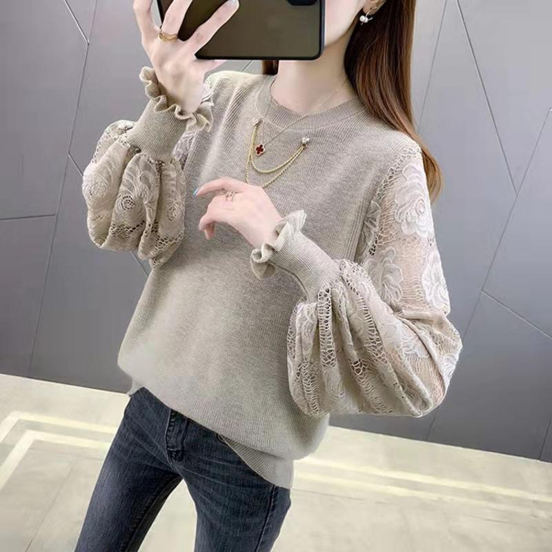 Summer Autumn Hollowed Out Rose Pullover Sweater for Women Long Sleeved Loose Round Neck Casual Knit Sweater for Women Inner Outfit