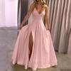 Women's Solid Color Suspender V-neck Backless  Slit Long Dress