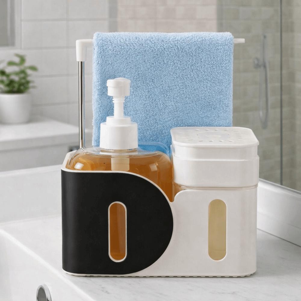 Mit Schwammhalter 4-in-1 Seifenspender Nachfüllbarer Doppel-Seifenspender Badezimmerwaschbecken