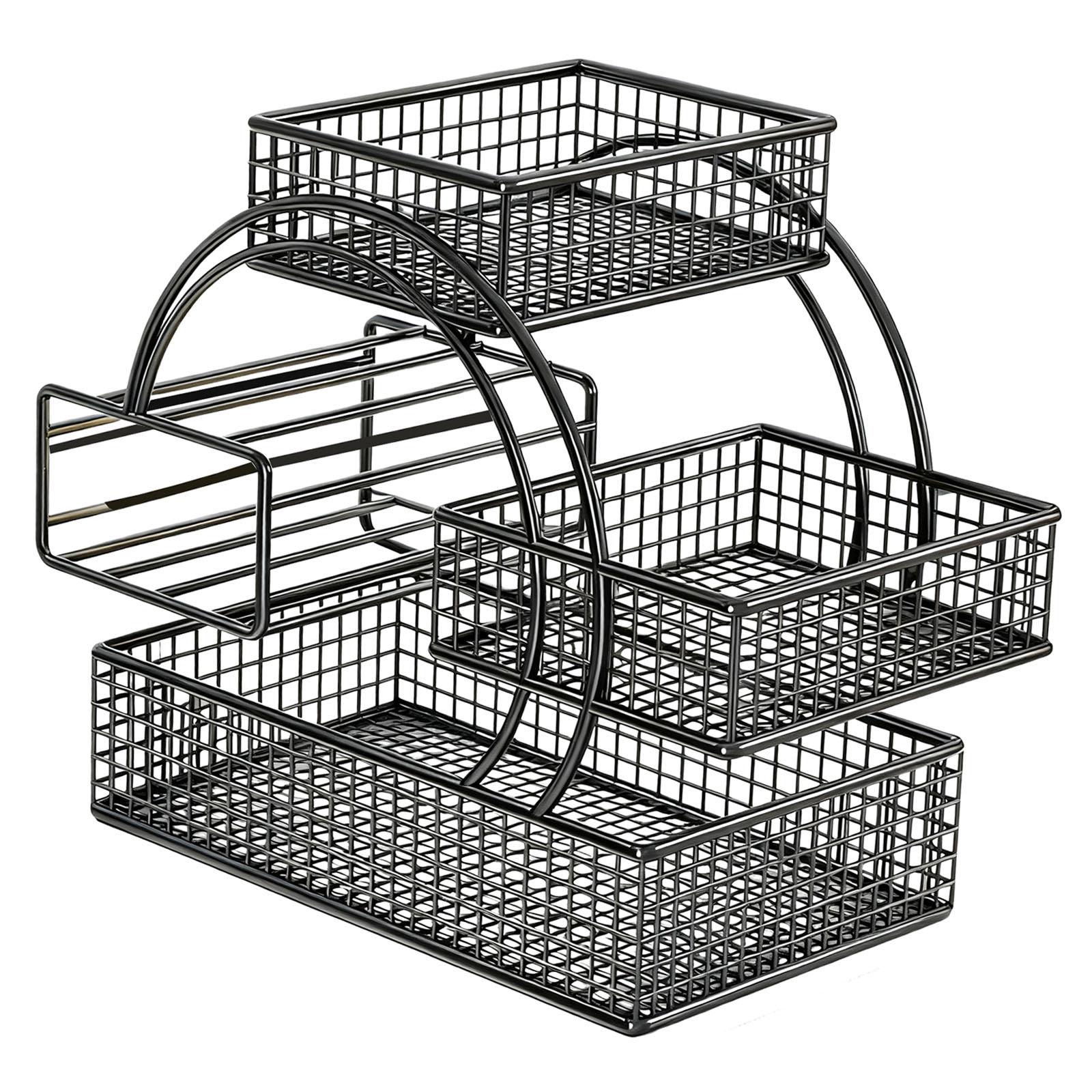 

Iron Triple Layer Fruit Basket Snack Tray Open Access Design Smooth Edges Accessories 11.8x7.8x11.8inch with Tissue Box Holder чорний