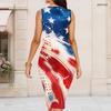 Women Plus Size Round Neck Sleeveless Navy Blue Printed Bodycon Midi Dress