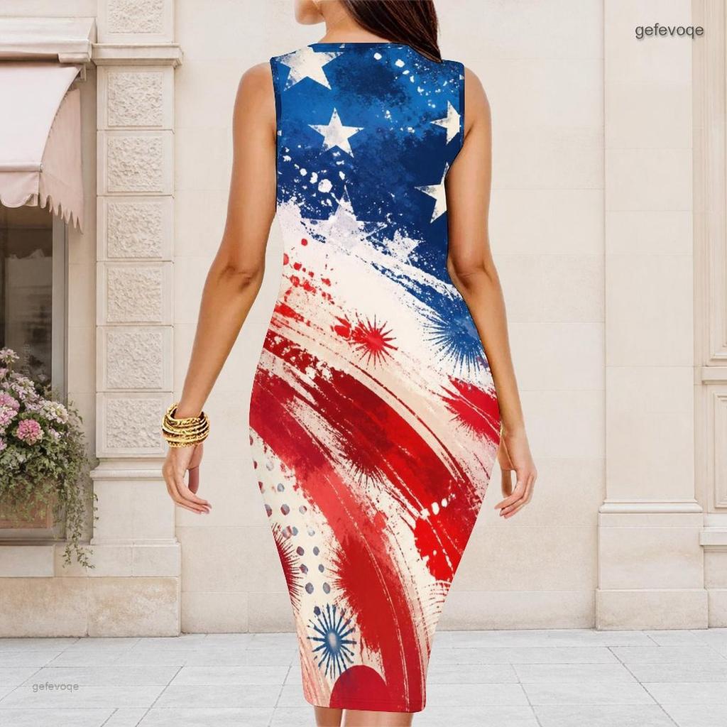 Women Plus Size Round Neck Sleeveless Navy Blue Printed Bodycon Midi Dress