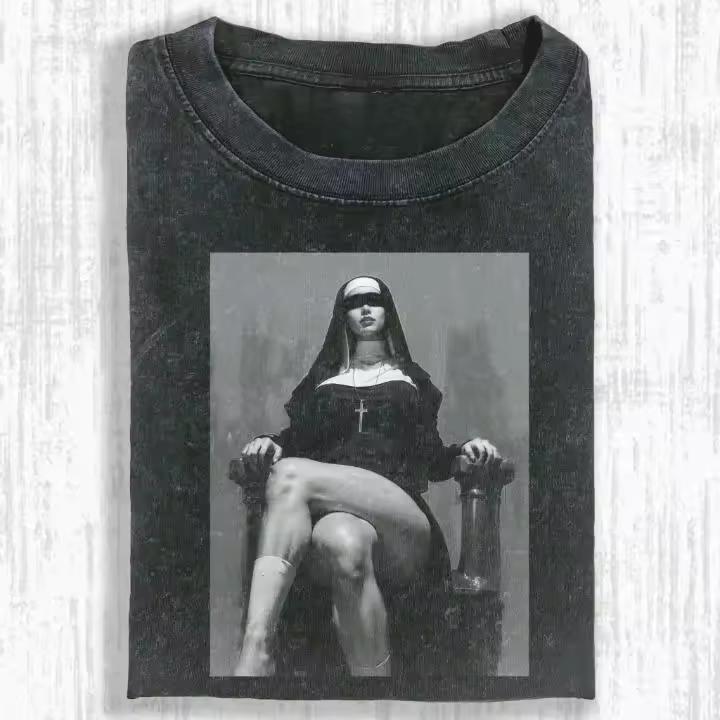 Vintage Washed Gothic Nun Shirt Dark Religious Black and White Occult Art Graphic Tee Summer Men's and Women's Washed T-shirt