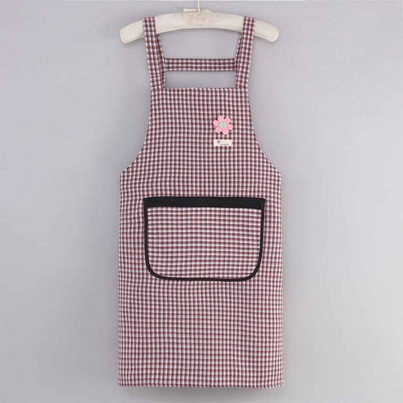 Cotton Plaid Kitchen Apron Large Storage Pocket Cute Flower Design For Home Cooking Baking Cleaning