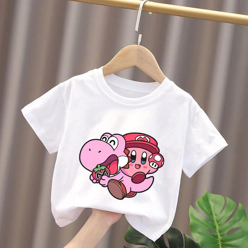 Kirbys Hemd Sommer Rundhals Rundes T-Shirt Baby Baumwolle Kurzarm Oberteile Mädchen Einfarbige Kinder Gedrucktes Anime Weißes T-Shirt Niedliche T-Shirts