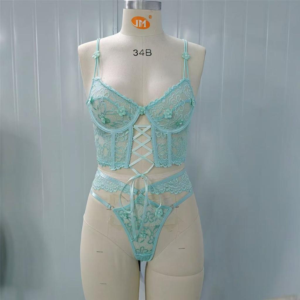 Europäische und amerikanische Neuheiten sind heiß verkaufte Träger, Stahlpaletten, Spitzen-BHs, sexy Nagelperlen Dsmallflowers, transparentes Unterwäsche-Set für Damen