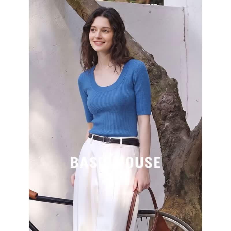 Basic House Women s U-Neck Ice Silk Knit Short Sleeve Top L
