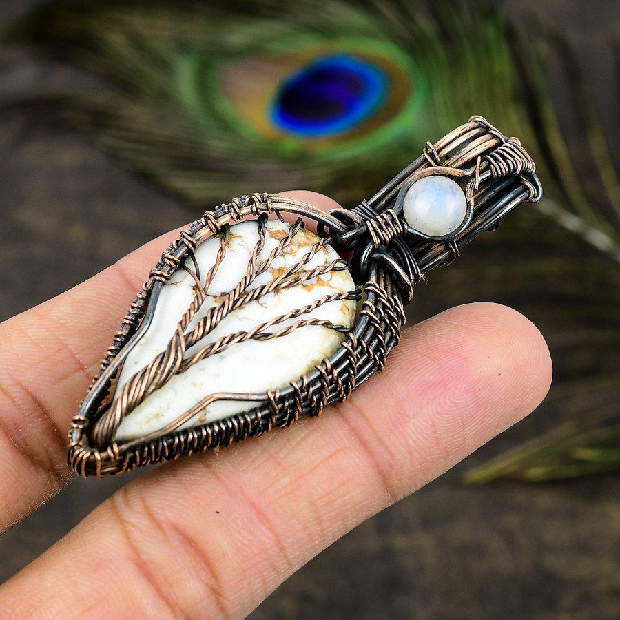 Wild Horse, Moonstone Gemstone Copper Wire Wrap Jewelry Pendant 3.15"