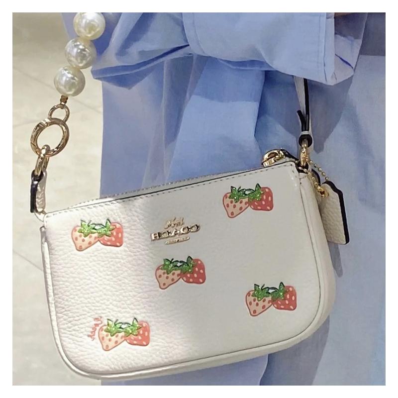 Coach Nolita 15 Strawberry Print Zipper Closure Strapless Pebbled Cowhide Mahjong Bag Underarm Bag Clutch Tote Mini Women’s White