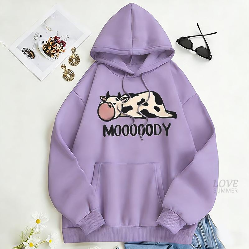 Cow Letter Print Drawstring Hoodie S-3XL spring hoodie Casual Long Sleeve Pocket Hoodie Sweatshirt Women's Clothing