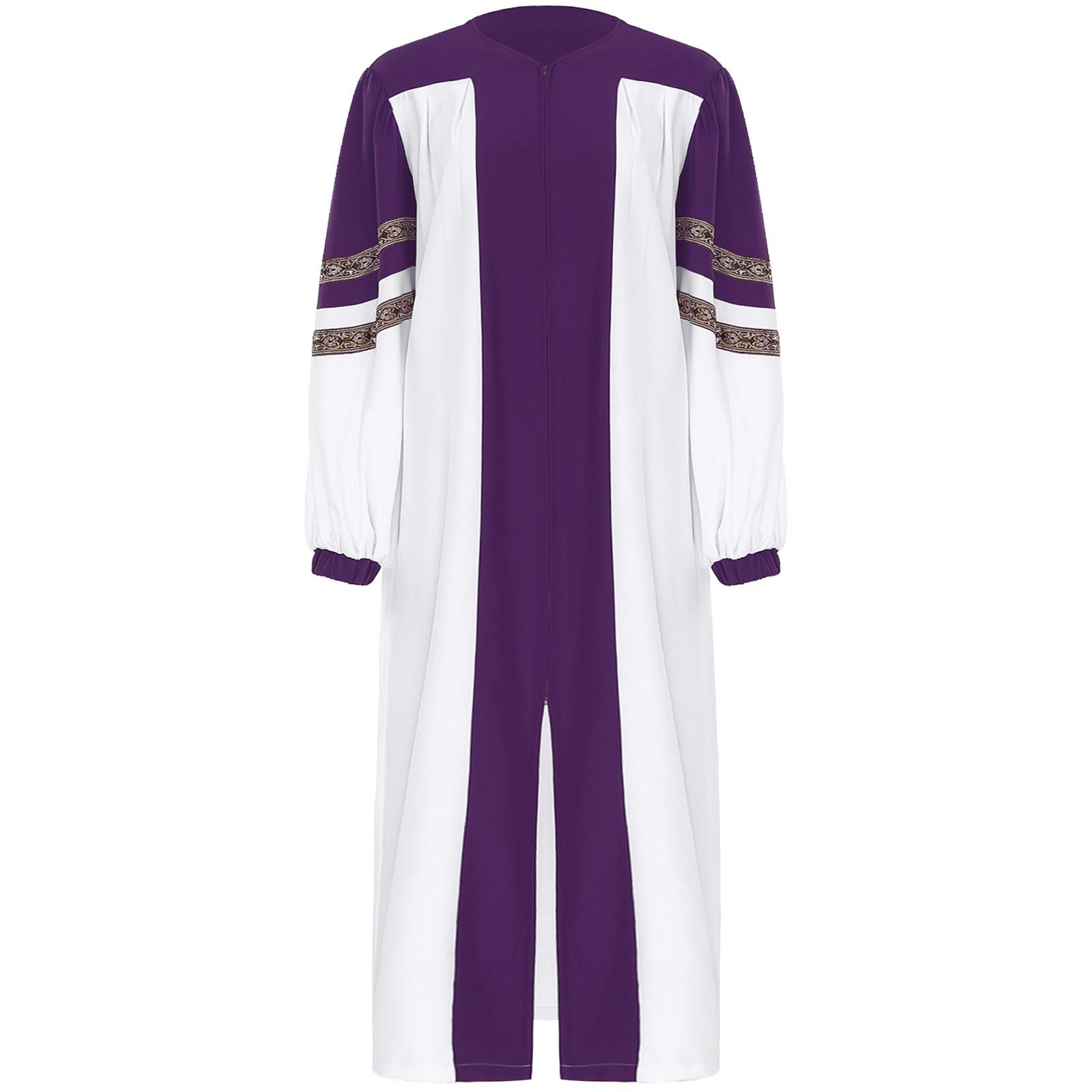 

Womens Choir Robe Halloween Cosplay Theme Party Costume V-Neck Embroidered Stripes Long Sleeve Color Block Gown L