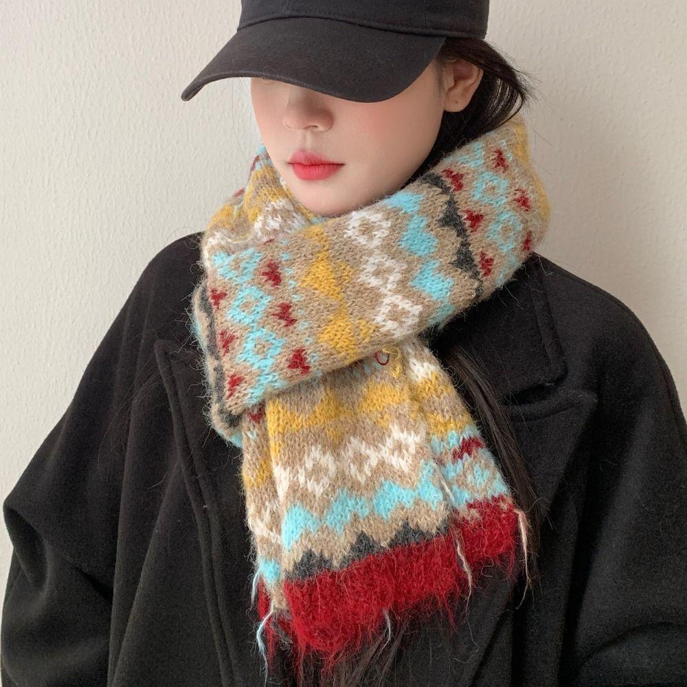 Wool Jacquard Knitted Scarf Printed Winter Wool Neckerchief Sweet Fair Isle Style Scarf  Autumn