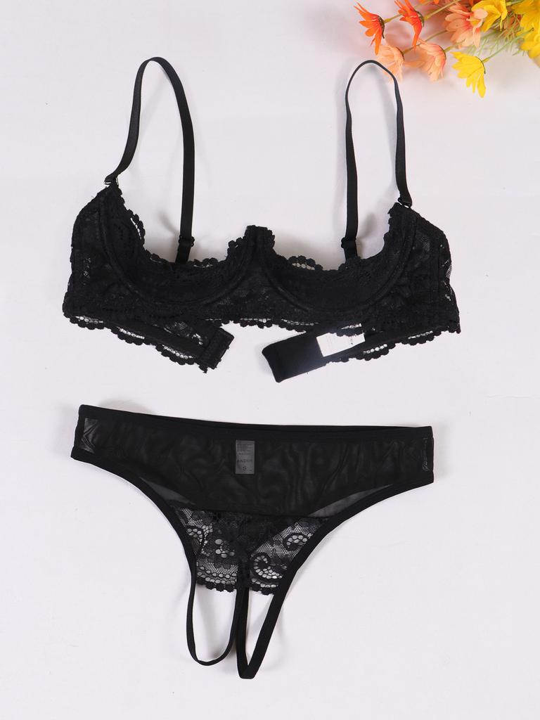Sexy Black Lace Bare Chest Nipple Bra Gather Pure Desire Perspective Open Crotch Thong Underwear Suit Women