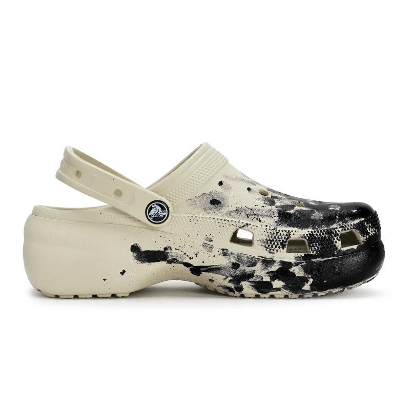 Crocs Classic Platform Clog 811 Manufacture Penetration Site Special Shoe Box Fluid Ink Splash Hole Shoes Women's Bone White and Black
