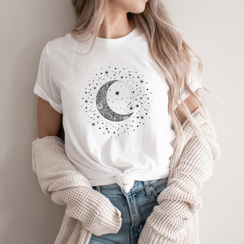 Mystic Moon Phase T-Shirt Lunar Crescent Graphic Tee Spiritual Astrology Top for Women Mystical Shirt Short Sleeve Gothic Tshirt