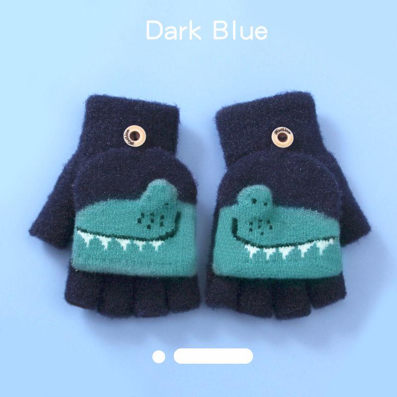 Children's Flip-Top Half-Finger Winter Gloves - Crystal Mink Dinosaur Design