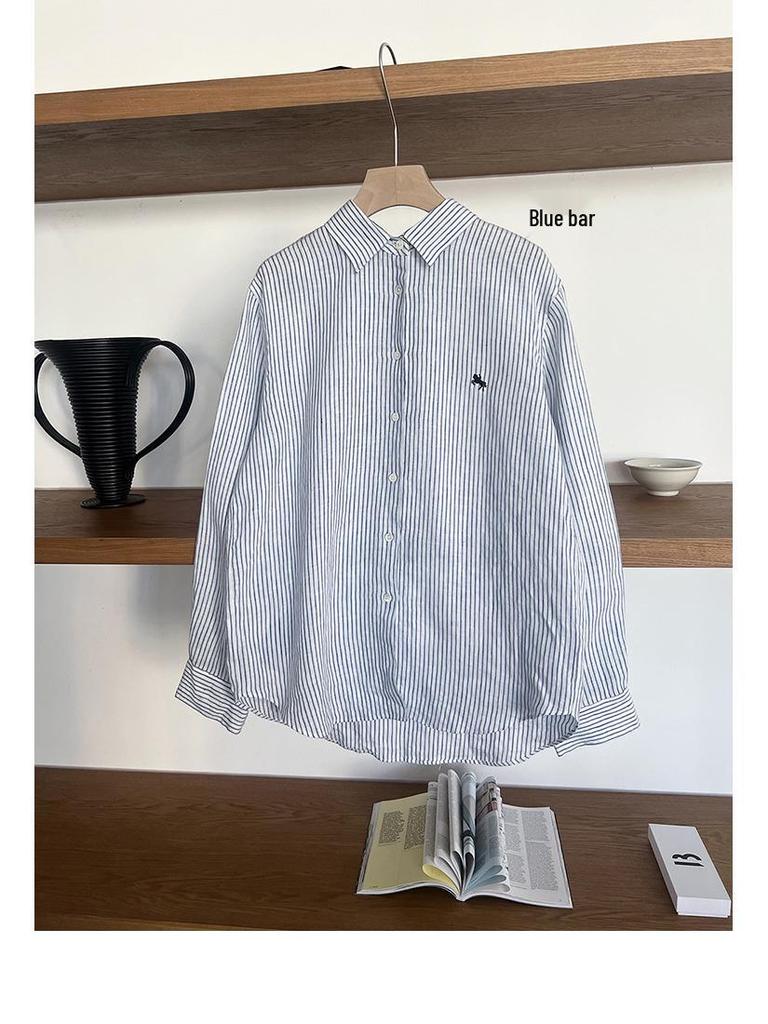 Shi Jian 100% Linen Striped Shirt with Embroidered Horse Design, Loose Fit, Spring Style.