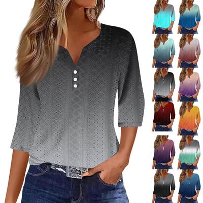 Women's Fashion V-Neck Button Seven Sleeve T-Shirt Casual Gradient Printed Top