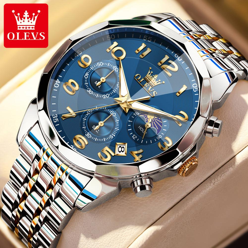OLEVS 3676 Quartz Movement Watch For Men Classic 24-hour Moon Phase Luminous Function 30M Waterproof Calendar Window Watch