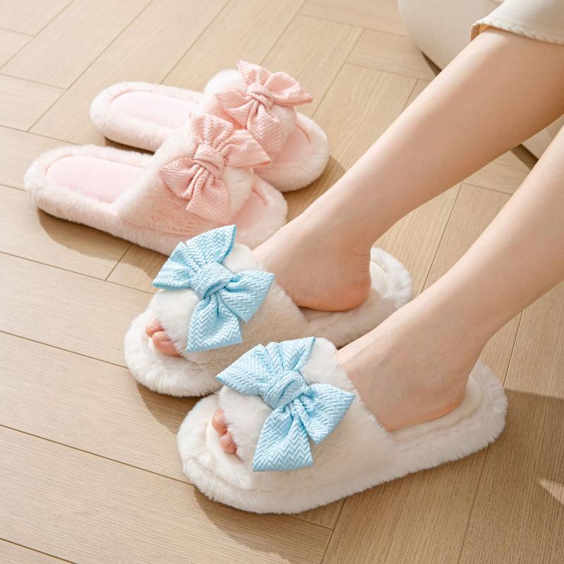 Girl's Cotton Slippers INS Bow Home Plush Slippers Indoor Plush Slippers