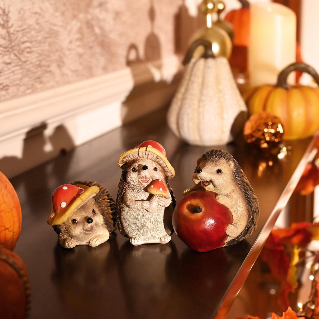 Valery Madelyn Autumn Ornaments, Seasonal Decor, Cute Hedgehog Set of 3 Figurines, Objects, Interior Decor, Outdoor Decor, Statues, Autumn Garden,