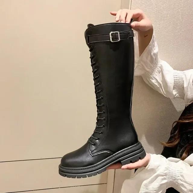 

2026 autumn and winter new Korean version long boots for women with British style front tie knight boots motorcycle boots 40 чорний