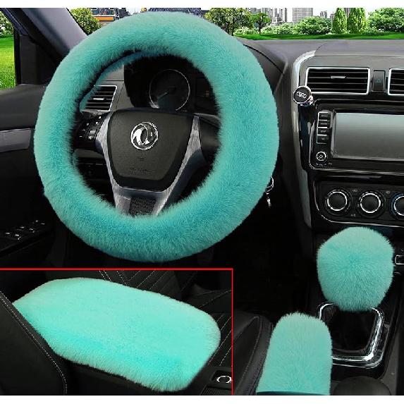Dotesy 4 Pcs/Set Fluffy Faux Wool Car Steering Wheel Cover & Furry Auto Center Console & Gear Shift Knob & Handbrake Cover Universal Warm Winter