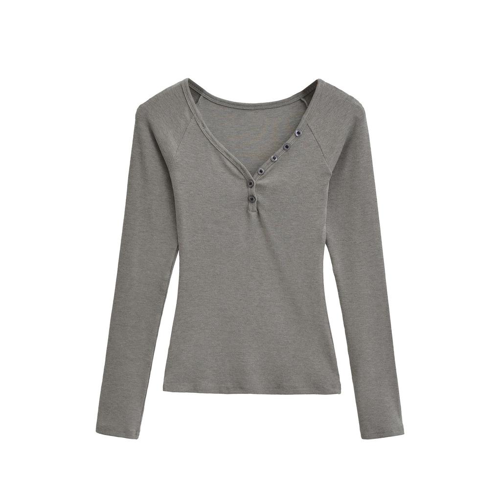 Spicy Girl Cashmere Heart Neck Slim-Fit Button-Up T-Shirt for Autumn/Winter 2025