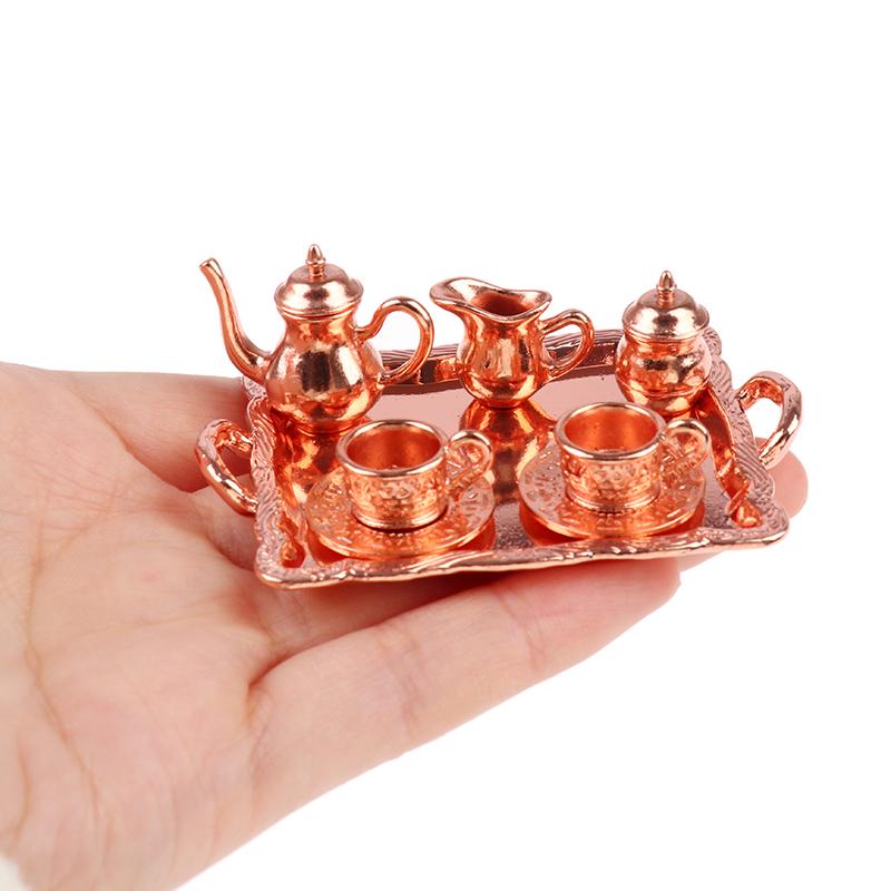 8Pcs/Set Dollhouse Miniature Square Plate Metal Wine And Tea Set