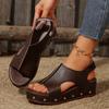 Fashion Women Comfort Wedges Sandals Peep Toe Med Heel Platform Sandalias Mujer 2025 Rivet Thick Sole PU Leather Summer Shoes for Women