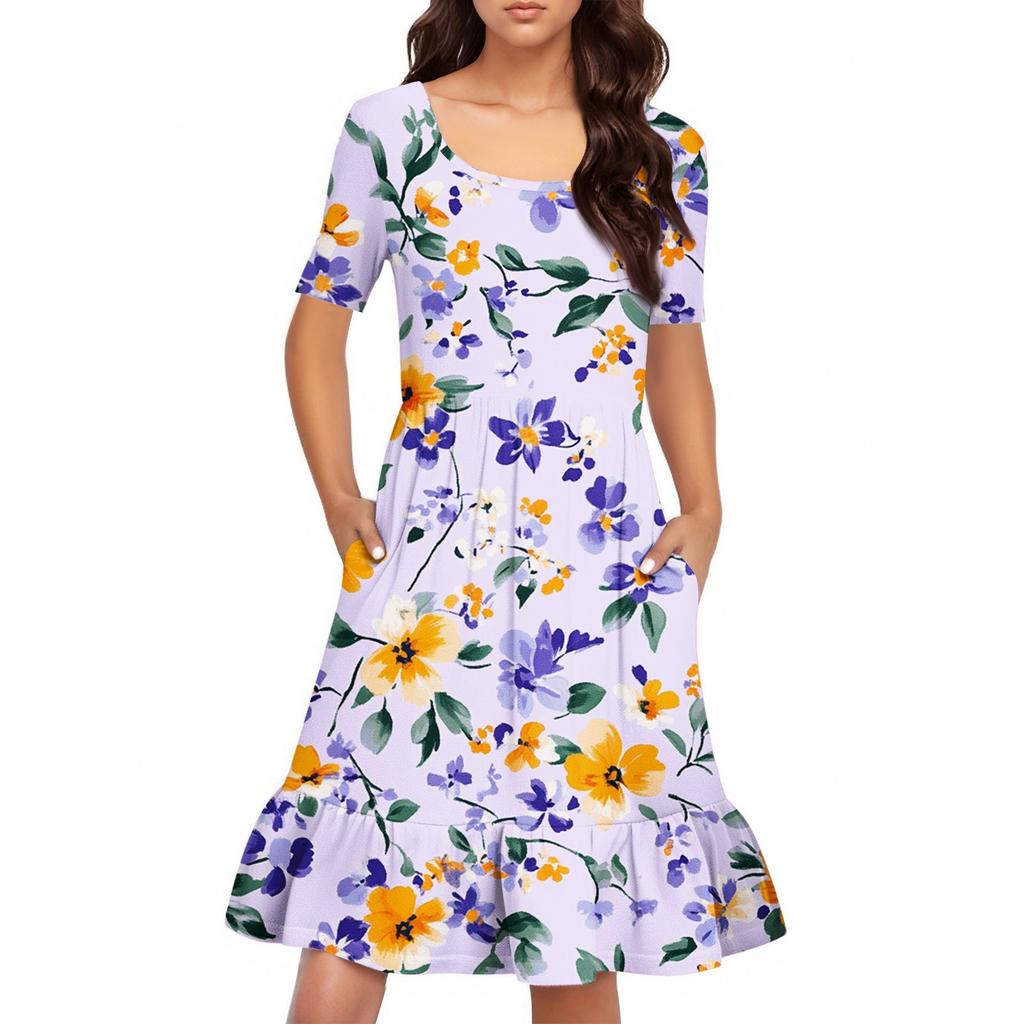 Damen Casual Rundhals Kurzarmkleid Lockeres Taillenplisseekleid Taillenplisseekleid