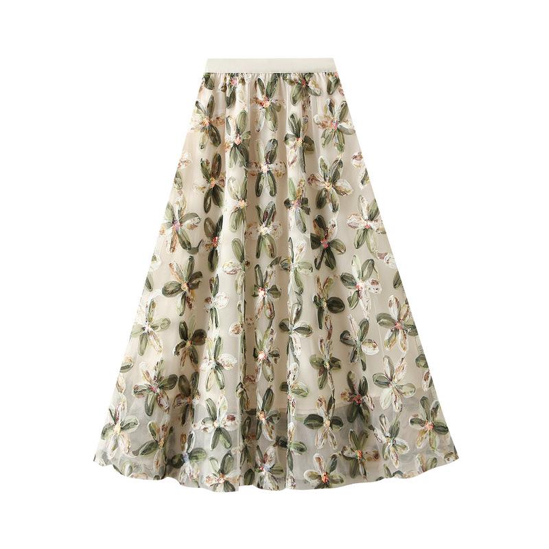 

Spring 2025 Sequin Flower Fairy A-Line Tulle Skirt - Hip-Hiding Long Midi Skirt One Size зелёный