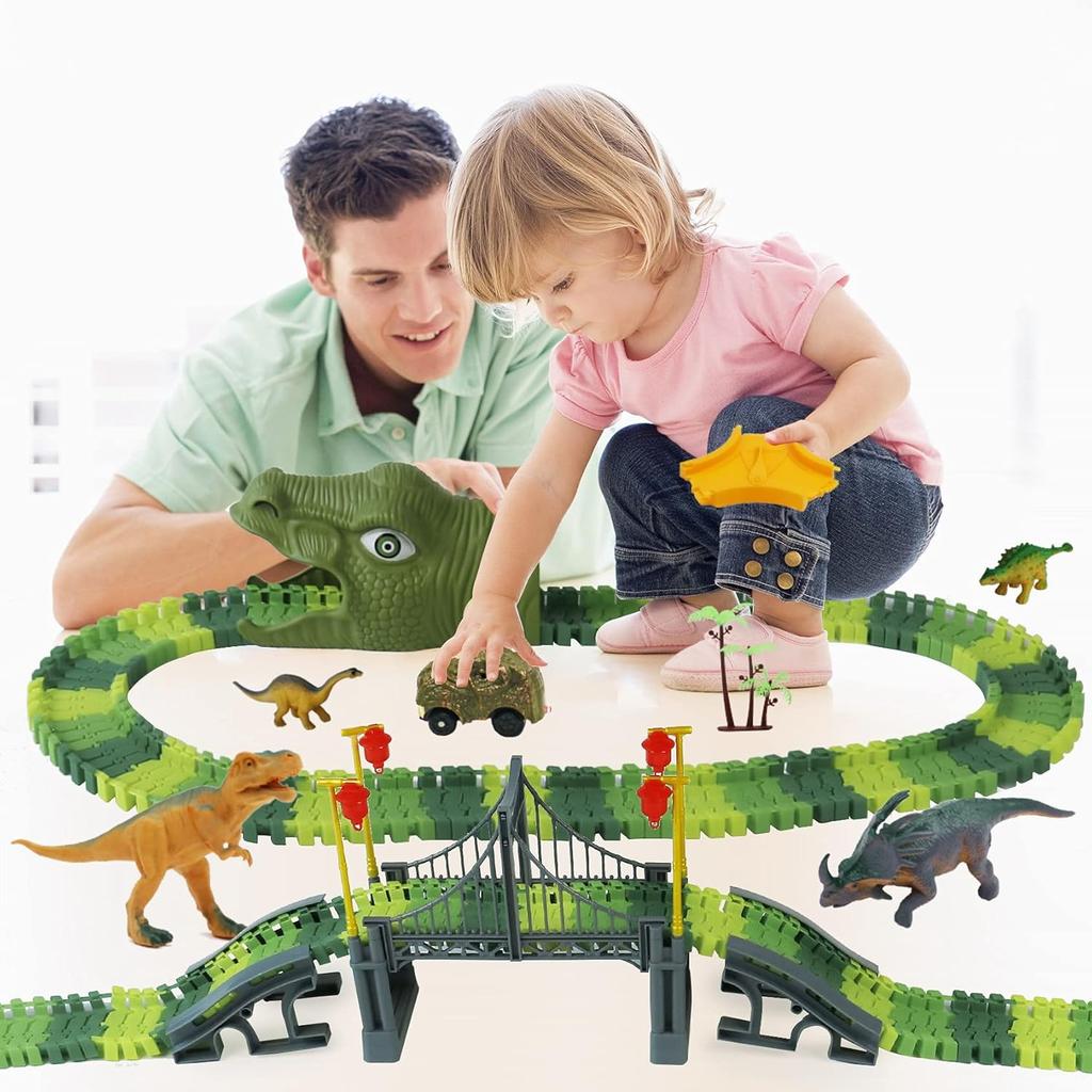 Dinosaur World Race Track Toys - 216pcs Flexible Track Playset with 1 Dinosaur Car, 1 Race Car, 6 Dino Toys, for Kids 3 4 5 6 Year & Up Old (Boys and