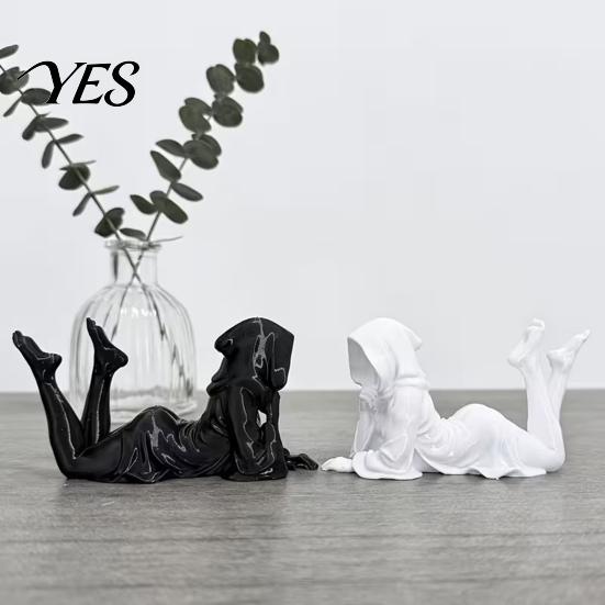 Niche Art Ornament 3D Printed Lying Robe Girl Statue, Modern Minimalist Hooded Home Decor Woman Desktop Decoration, Elegant Sculpture Gift Solid