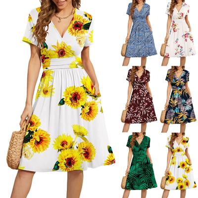 Women's Ladies Summer Casual Loose Comfortable Print V-Neck Short Sleeve Dress