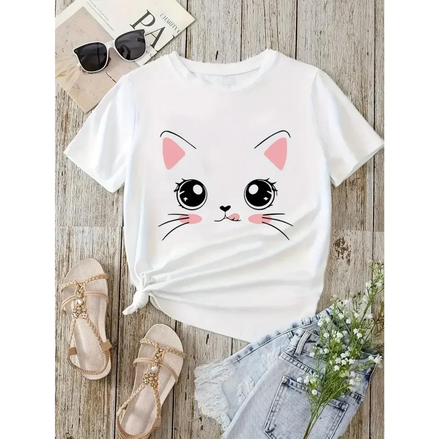 

Cartoon Cat Print T-Shirt Casual Short Sleeve Top Summer Women s Clothing Harajuku Streetwear Graphic Tees Clothing Vacation Top XXXXXL білий