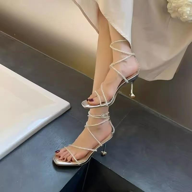 Rhinestone High Heels Women's 2026 New Summer Heel Beautiful Sexy Open Toe Lace-up Sandals