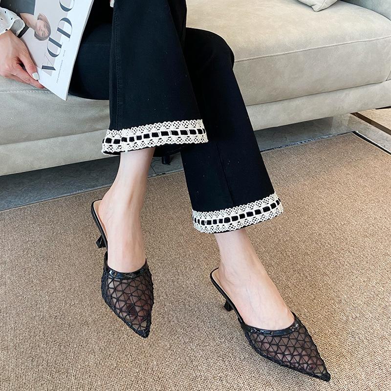 912-W1 Skinny Back Space 2025 Summer New Breathable Hollow Point Thin Heel Wear Mesh Low Heel Sandals Women