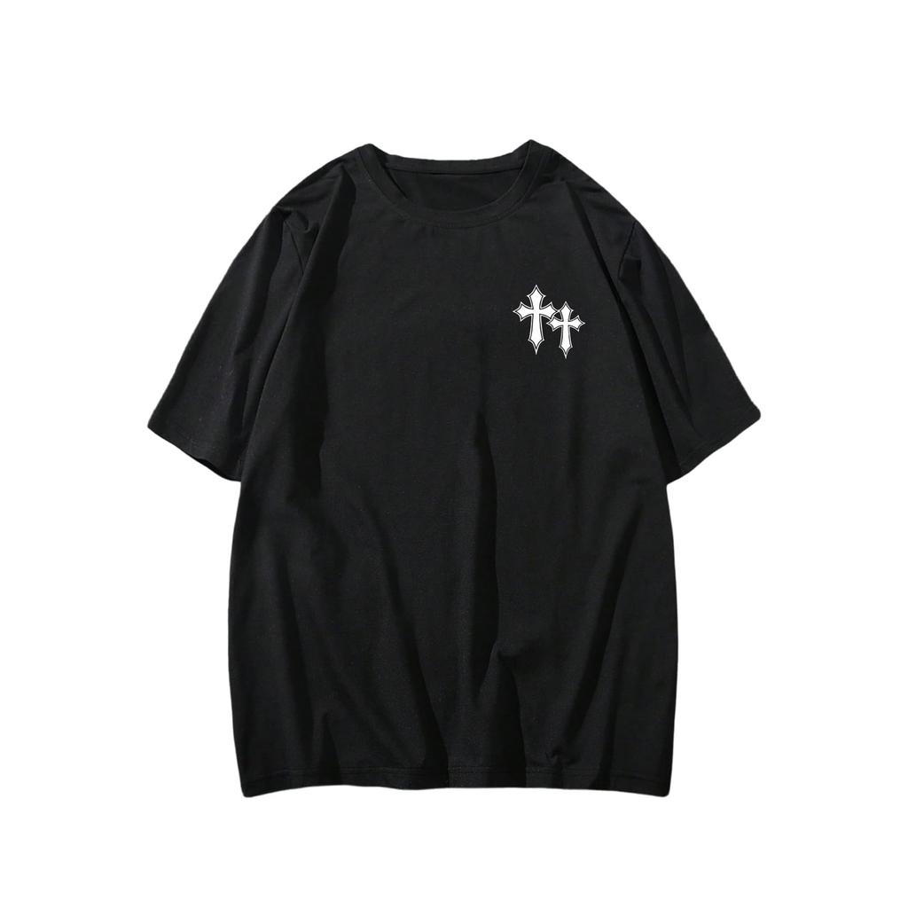 Men's Minimalist Double Cross Print Tee, Gothic Streetwear Oversized Short Sleeve Top