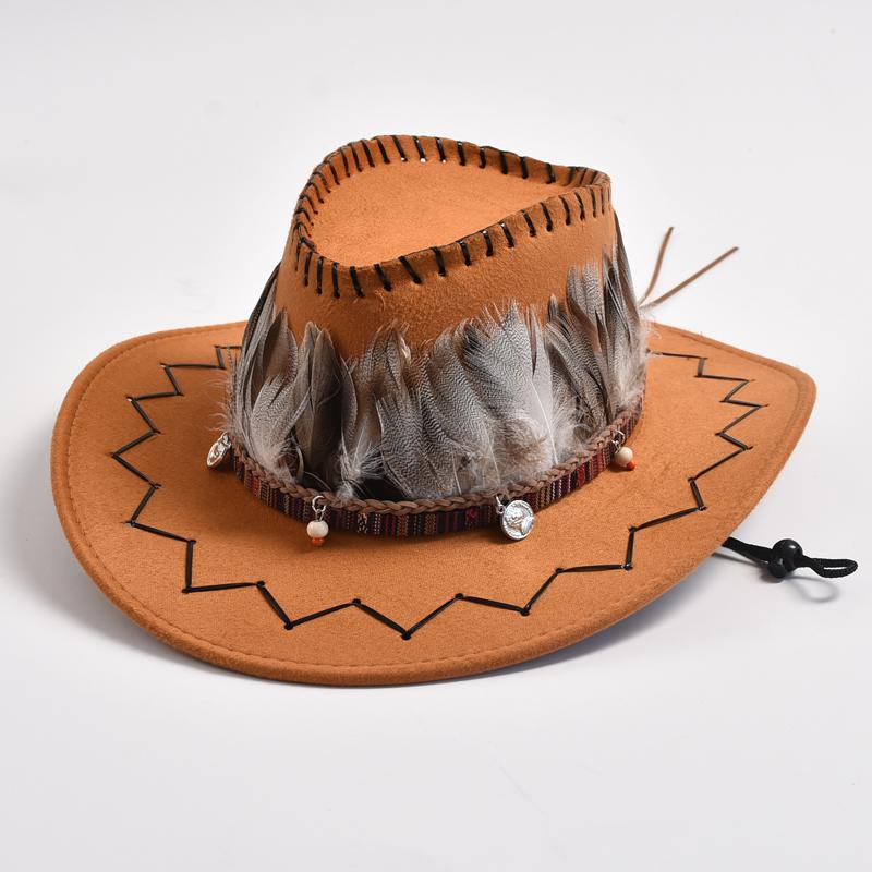 Retro Feather Western Cowboy Hats for Men Women Faux Suede Wide Brim Cowgirls Jazz Cap Outdoor Travel Sun Hat