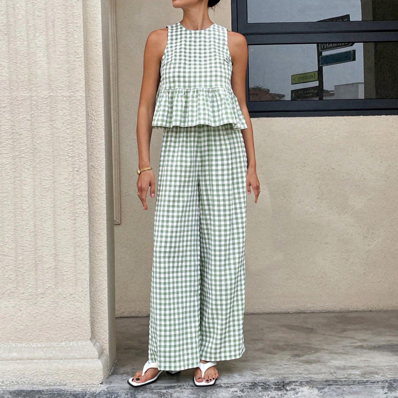 

Women s Fashion Casual Plaid Round Neck Sleeveless Ruffle Hem Top High Waisted Straight Leg Casual Pants Two,piece Set S зелений
