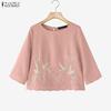 ZANZEA Women Casual Round Neck Loose Embroidery 3/4 Sleeve Blouse