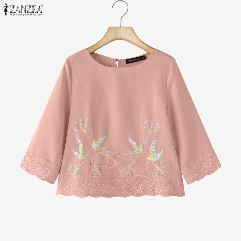 ZANZEA Women Casual Round Neck Loose Embroidery 3/4 Sleeve Blouse