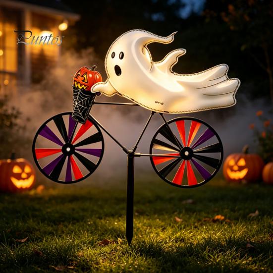 Gift for Garden Lovers Halloween Wizard/Ghost/Black Cat/Skeleton Bicycle Ground Stake Ornament, Metal Stakes, Yard Art Decorative Outdoor Statue Lawn