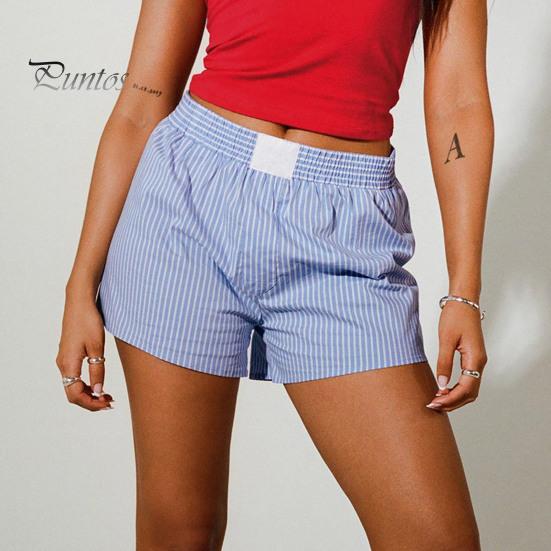 Women Summer Shorts Striped Print High Elastic Waist Retro Loose Above Knee Length Casual Sport Homewear Short Pants